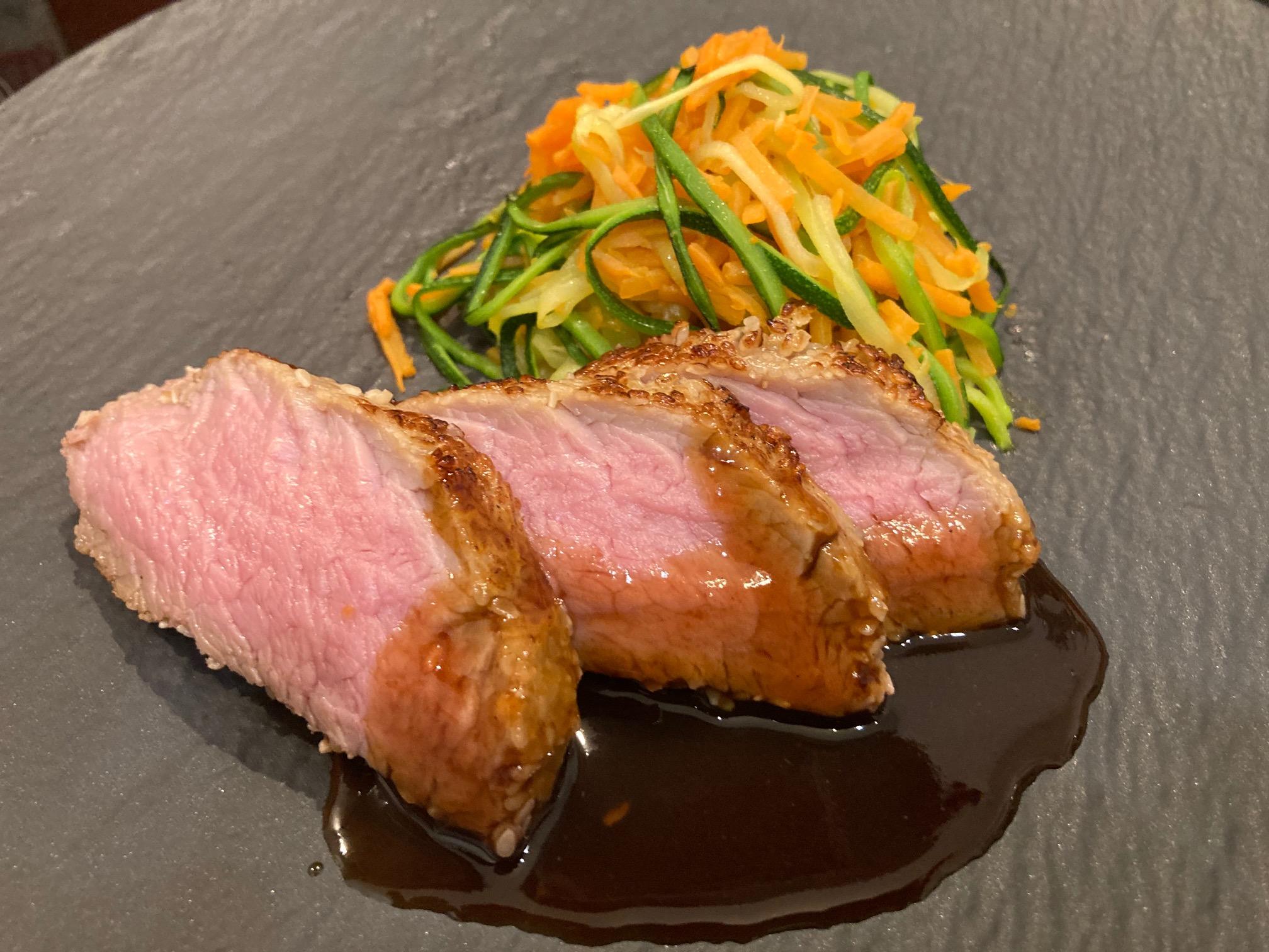 Miso marinated veal fillet in sesame crust with Barolo jus