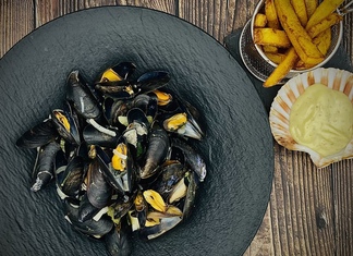 Moules frites with tarragon cream and truffle mayonnaise